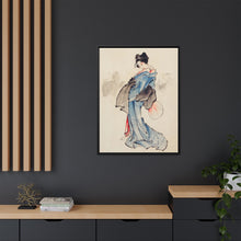 Woman, Full-Length Portrait, Standing, Facing Left, Holding Fan in Right Hand, Wearing Kimono with Check Design by Katsushika Hokusai (1760-1849), a traditional Japanese Ukyio-e style illustration of a Japanese woman in kimono. - NOMADEN ART GALLERY
