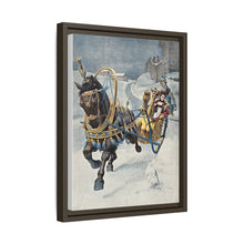 A fine horse wearing a gold and blue harness is pulling a golden sleigh carrying a woman with a footman behind. Colour halftone after O. Cortazzo