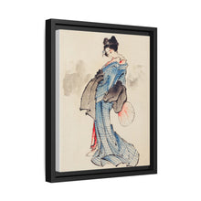 Woman, Full-Length Portrait, Standing, Facing Left, Holding Fan in Right Hand, Wearing Kimono with Check Design by Katsushika Hokusai (1760-1849), a traditional Japanese Ukyio-e style illustration of a Japanese woman in kimono. - NOMADEN ART GALLERY