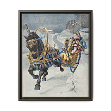 A fine horse wearing a gold and blue harness is pulling a golden sleigh carrying a woman with a footman behind. Colour halftone after O. Cortazzo - NOMADEN ART GALLERY