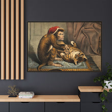 A monkey physician examining a cat patient for fleas. Coloured lithograph