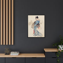 Woman, Full-Length Portrait, Standing, Facing Left, Holding Fan in Right Hand, Wearing Kimono with Check Design by Katsushika Hokusai (1760-1849), a traditional Japanese Ukyio-e style illustration of a Japanese woman in kimono. - NOMADEN ART GALLERY