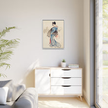 Woman, Full-Length Portrait, Standing, Facing Left, Holding Fan in Right Hand, Wearing Kimono with Check Design by Katsushika Hokusai (1760-1849), a traditional Japanese Ukyio-e style illustration of a Japanese woman in kimono. - NOMADEN ART GALLERY