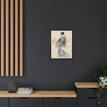 Woman, Full-Length Portrait, Standing, Facing Left, Holding Fan in Right Hand, Wearing Kimono with Check Design by Katsushika Hokusai (1760-1849), a traditional Japanese Ukyio-e style illustration of a Japanese woman in kimono. - NOMADEN ART GALLERY