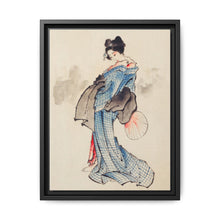 Woman, Full-Length Portrait, Standing, Facing Left, Holding Fan in Right Hand, Wearing Kimono with Check Design by Katsushika Hokusai (1760-1849), a traditional Japanese Ukyio-e style illustration of a Japanese woman in kimono. - NOMADEN ART GALLERY