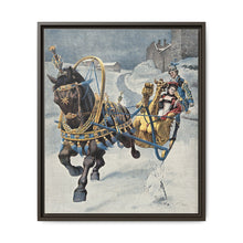 A fine horse wearing a gold and blue harness is pulling a golden sleigh carrying a woman with a footman behind. Colour halftone after O. Cortazzo - NOMADEN ART GALLERY