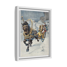 A fine horse wearing a gold and blue harness is pulling a golden sleigh carrying a woman with a footman behind. Colour halftone after O. Cortazzo