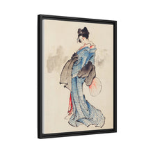 Woman, Full-Length Portrait, Standing, Facing Left, Holding Fan in Right Hand, Wearing Kimono with Check Design by Katsushika Hokusai (1760-1849), a traditional Japanese Ukyio-e style illustration of a Japanese woman in kimono. - NOMADEN ART GALLERY