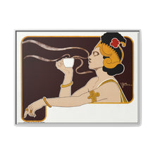Poster showing woman holding up glass of coffee (Rajah brand) (1897) chromolithograph by Henri Meunier. - NOMADEN ART GALLERY