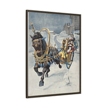 A fine horse wearing a gold and blue harness is pulling a golden sleigh carrying a woman with a footman behind. Colour halftone after O. Cortazzo