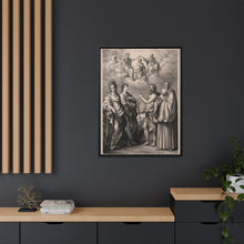 The coronation of the Virgin with four saints: Saint Catherine of Alexandria, Saint John the Evangelist, Saint John the Baptist and Saint Benedict or Saint Romuald. Drawing by F. Rosaspina, c. 1830, after G. Reni.
