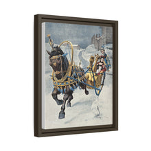 A fine horse wearing a gold and blue harness is pulling a golden sleigh carrying a woman with a footman behind. Colour halftone after O. Cortazzo