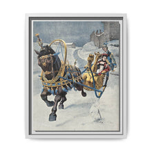 A fine horse wearing a gold and blue harness is pulling a golden sleigh carrying a woman with a footman behind. Colour halftone after O. Cortazzo - NOMADEN ART GALLERY
