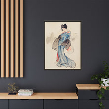 Woman, Full-Length Portrait, Standing, Facing Left, Holding Fan in Right Hand, Wearing Kimono with Check Design by Katsushika Hokusai (1760-1849), a traditional Japanese Ukyio-e style illustration of a Japanese woman in kimono. - NOMADEN ART GALLERY