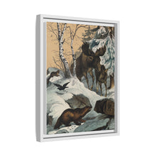 An elk and its young walking through a snowy landscape, with two wolverines watching on. Colour lithograph