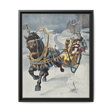 A fine horse wearing a gold and blue harness is pulling a golden sleigh carrying a woman with a footman behind. Colour halftone after O. Cortazzo - NOMADEN ART GALLERY