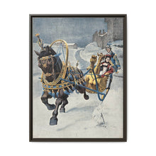 A fine horse wearing a gold and blue harness is pulling a golden sleigh carrying a woman with a footman behind. Colour halftone after O. Cortazzo - NOMADEN ART GALLERY