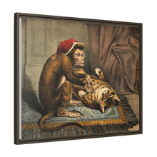 A monkey physician examining a cat patient for fleas. Coloured lithograph