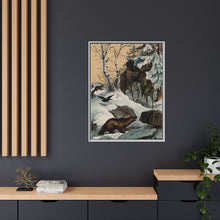 An elk and its young walking through a snowy landscape, with two wolverines watching on. Colour lithograph