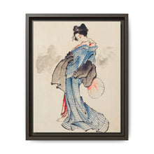 Woman, Full-Length Portrait, Standing, Facing Left, Holding Fan in Right Hand, Wearing Kimono with Check Design by Katsushika Hokusai (1760-1849), a traditional Japanese Ukyio-e style illustration of a Japanese woman in kimono. - NOMADEN ART GALLERY