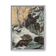 An elk and its young walking through a snowy landscape, with two wolverines watching on. Colour lithograph