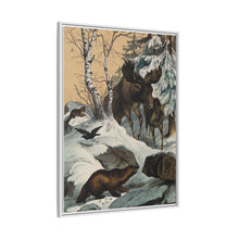 An elk and its young walking through a snowy landscape, with two wolverines watching on. Colour lithograph