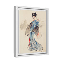 Woman, Full-Length Portrait, Standing, Facing Left, Holding Fan in Right Hand, Wearing Kimono with Check Design by Katsushika Hokusai (1760-1849), a traditional Japanese Ukyio-e style illustration of a Japanese woman in kimono. - NOMADEN ART GALLERY