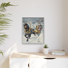 A fine horse wearing a gold and blue harness is pulling a golden sleigh carrying a woman with a footman behind. Colour halftone after O. Cortazzo