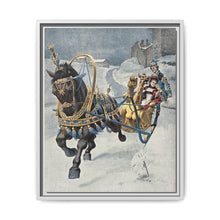 A fine horse wearing a gold and blue harness is pulling a golden sleigh carrying a woman with a footman behind. Colour halftone after O. Cortazzo - NOMADEN ART GALLERY