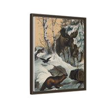 An elk and its young walking through a snowy landscape, with two wolverines watching on. Colour lithograph