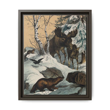 An elk and its young walking through a snowy landscape, with two wolverines watching on. Colour lithograph