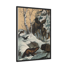 An elk and its young walking through a snowy landscape, with two wolverines watching on. Colour lithograph