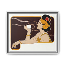 Poster showing woman holding up glass of coffee (Rajah brand) (1897) chromolithograph by Henri Meunier. - NOMADEN ART GALLERY