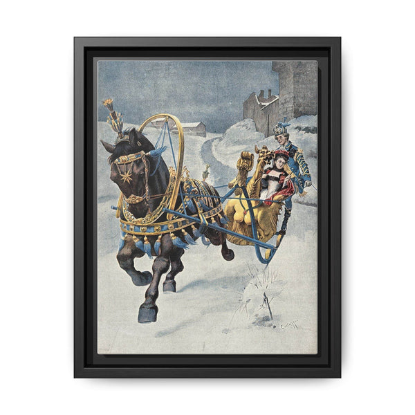 A fine horse wearing a gold and blue harness is pulling a golden sleigh carrying a woman with a footman behind. Colour halftone after O. Cortazzo - NOMADEN ART GALLERY