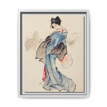Woman, Full-Length Portrait, Standing, Facing Left, Holding Fan in Right Hand, Wearing Kimono with Check Design by Katsushika Hokusai (1760-1849), a traditional Japanese Ukyio-e style illustration of a Japanese woman in kimono. - NOMADEN ART GALLERY