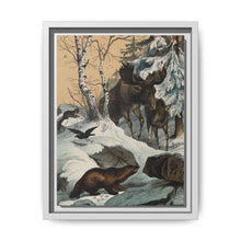 An elk and its young walking through a snowy landscape, with two wolverines watching on. Colour lithograph