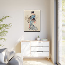 Woman, Full-Length Portrait, Standing, Facing Left, Holding Fan in Right Hand, Wearing Kimono with Check Design by Katsushika Hokusai (1760-1849), a traditional Japanese Ukyio-e style illustration of a Japanese woman in kimono. - NOMADEN ART GALLERY