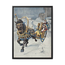 A fine horse wearing a gold and blue harness is pulling a golden sleigh carrying a woman with a footman behind. Colour halftone after O. Cortazzo - NOMADEN ART GALLERY