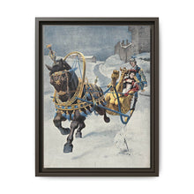 A fine horse wearing a gold and blue harness is pulling a golden sleigh carrying a woman with a footman behind. Colour halftone after O. Cortazzo - NOMADEN ART GALLERY