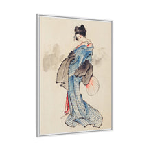 Woman, Full-Length Portrait, Standing, Facing Left, Holding Fan in Right Hand, Wearing Kimono with Check Design by Katsushika Hokusai (1760-1849), a traditional Japanese Ukyio-e style illustration of a Japanese woman in kimono. - NOMADEN ART GALLERY