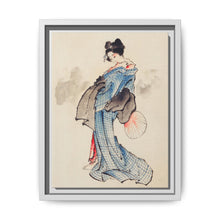 Woman, Full-Length Portrait, Standing, Facing Left, Holding Fan in Right Hand, Wearing Kimono with Check Design by Katsushika Hokusai (1760-1849), a traditional Japanese Ukyio-e style illustration of a Japanese woman in kimono. - NOMADEN ART GALLERY