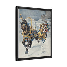 A fine horse wearing a gold and blue harness is pulling a golden sleigh carrying a woman with a footman behind. Colour halftone after O. Cortazzo