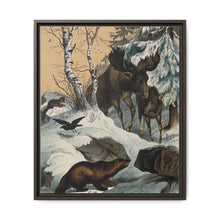 An elk and its young walking through a snowy landscape, with two wolverines watching on. Colour lithograph