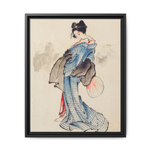 Woman, Full-Length Portrait, Standing, Facing Left, Holding Fan in Right Hand, Wearing Kimono with Check Design by Katsushika Hokusai (1760-1849), a traditional Japanese Ukyio-e style illustration of a Japanese woman in kimono. - NOMADEN ART GALLERY