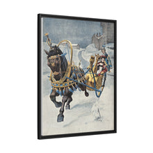 A fine horse wearing a gold and blue harness is pulling a golden sleigh carrying a woman with a footman behind. Colour halftone after O. Cortazzo