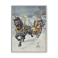 A fine horse wearing a gold and blue harness is pulling a golden sleigh carrying a woman with a footman behind. Colour halftone after O. Cortazzo - NOMADEN ART GALLERY