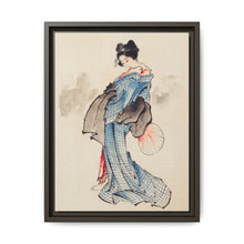 Woman, Full-Length Portrait, Standing, Facing Left, Holding Fan in Right Hand, Wearing Kimono with Check Design by Katsushika Hokusai (1760-1849), a traditional Japanese Ukyio-e style illustration of a Japanese woman in kimono. - NOMADEN ART GALLERY