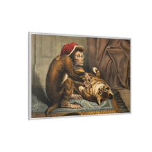 A monkey physician examining a cat patient for fleas. Coloured lithograph