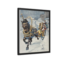 A fine horse wearing a gold and blue harness is pulling a golden sleigh carrying a woman with a footman behind. Colour halftone after O. Cortazzo