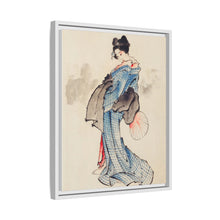 Woman, Full-Length Portrait, Standing, Facing Left, Holding Fan in Right Hand, Wearing Kimono with Check Design by Katsushika Hokusai (1760-1849), a traditional Japanese Ukyio-e style illustration of a Japanese woman in kimono. - NOMADEN ART GALLERY